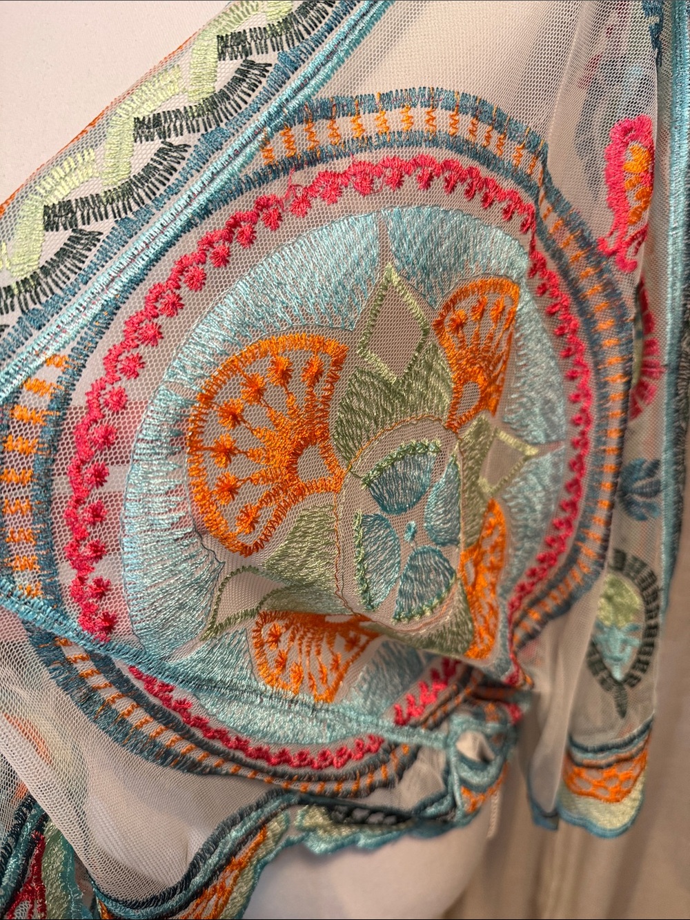 Boho Embroidered Mesh Tie Front Kimono Cardigan Cover Up One Size - Picture 2 of 11